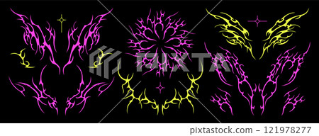Futuristic y2k gothic tattoo stickers, neo tribal acid goth ornaments, cybersigilism elements in emo style 121978277