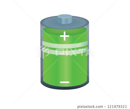 Green cylinder recharging battery cell icon with bolt, plus, minus symbol 121978321