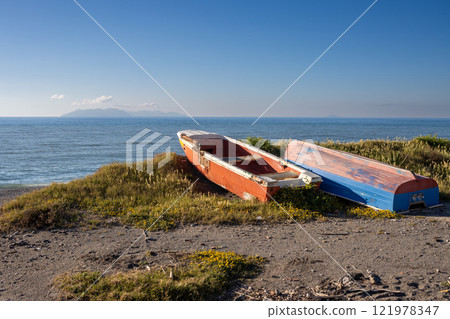 Boats on the beach and Aeolian islands, Sicily, Italy Boats on the beach and Aeolian islands, Sicily, Italy 121978347