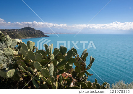 View from a hill on the sea and rocks, Milazzo, Sicily 121978355