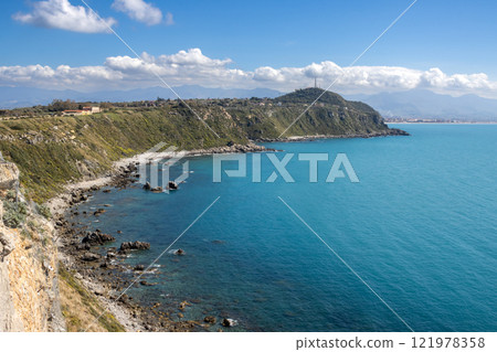 View from a hill on the sea and rocks, Milazzo, Sicily 121978358