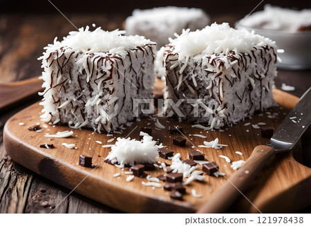 A plate of vegan lamingtons arranged on a light-colored surface, with chocolate sauce drizzling over the top and coconut flakes sprinkled around. 121978438