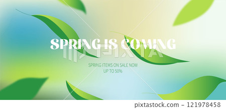 Spring Sale Banner Design with Green Leaves and Gradient Background Spring Sale Banner Design with Green Leaves and Gradient Background 121978458