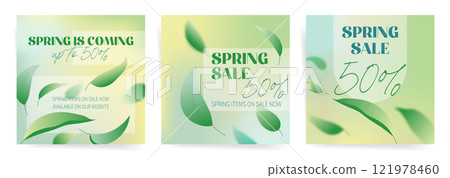 Spring Fresh Square Cover Design. Social media Spring Post Templates with Flying Leaves and Green Gradient. Spring Sale Design Layout Template Set. Spring Fresh Square Cover Design. Social media Spring Post Templates with Flying Leaves and Green Gradient. Spring Sale Design Layout Template Set. 121978460