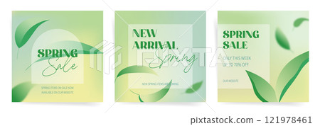 Spring sale banner set with green leaves and minimal gradient backgrounds. Elegant vector templates for promotions, social media, or seasonal branding. Spring sale banner set with green leaves and minimal gradient backgrounds. Elegant vector templates for promotions, social media, or seasonal branding. 121978461