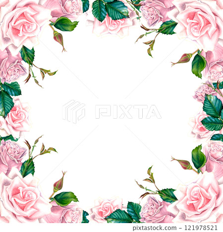 Square floral frame with pastel pink rose flowers, buds and green leaves. Hand drawn watercolor botanical illustration on isolated background. Perfect for greeting cards or wedding invitations. 121978521