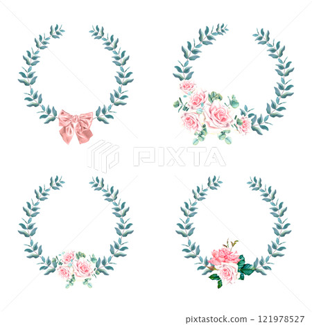 Circle frames with pastel pink roses, buds, ribbon bow and eucalyptus leaves. Watercolor botanical illustration. Hand drawn wreaths on Isolated background. Empty space for an inscription. For cards. 121978527
