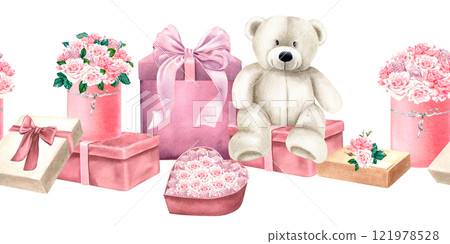 Seamless border of soft teddy bear with gift boxes and pink roses bouquets. Watercolor banner of cute plush toy with flowers and presents on isolated background. Design for Valentine's Day cards. Seamless border of soft teddy bear with gift boxes and pink roses bouquets. Watercolor banner of cute plush toy with flowers and presents on isolated background. Design for Valentine's Day cards. 121978528