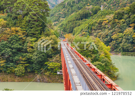靜岡縣川根本町奧大井彩虹橋的紅葉染紅的奧大井彩虹橋 121978552