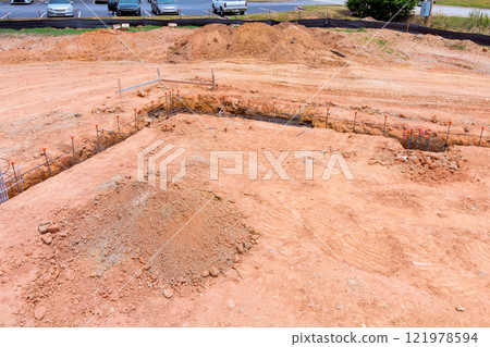 Heavy machinery digs, prepares ground for new structure in developing neighborhood with parked cars. 121978594