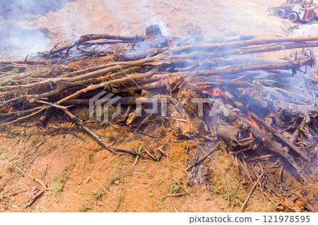 Burning logs create thick smoke while clearing land for future development in rural setting 121978595
