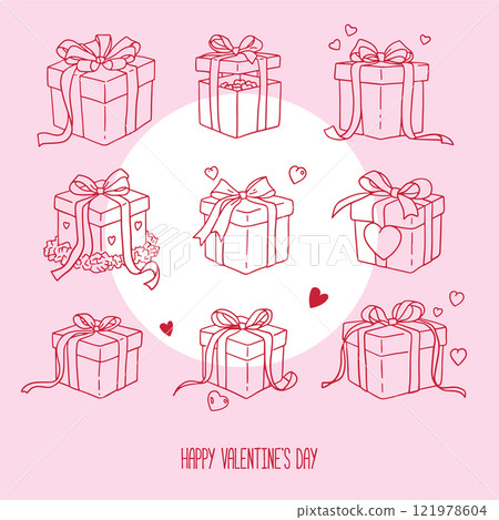 Coquette Present gift boxes set. Hand drawn linear retro bow knots. Vector illustration. Valentine's gift tied with ribbon. Wedding celebration, holiday, party clipart. Vector 121978604