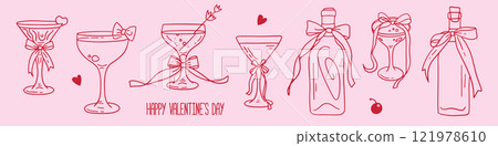Girly pink cocktail glasses set. Vintage victorian cute coquette style elements collection. Vintage Cocktail, champagne glasses, wine bottels with bow ribbon. Birthday, wedding design. Linear vector Girly pink cocktail glasses set. Vintage victorian cute coquette style elements collection. Vintage Cocktail, champagne glasses, wine bottels with bow ribbon. Birthday, wedding design. Linear vector 121978610
