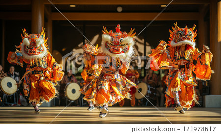 Lion and Dragon Dances during the. Lunar New Yearr 121978617
