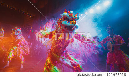 Lion and Dragon Dances during the. Lunar New Yearr 121978618