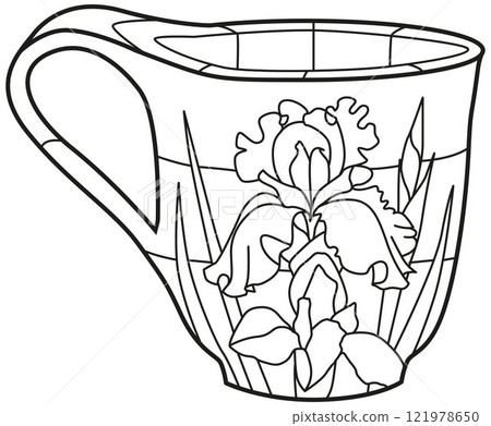 Decorative Vintage Teacup Hand Drawn Illustration for coloring 121978650