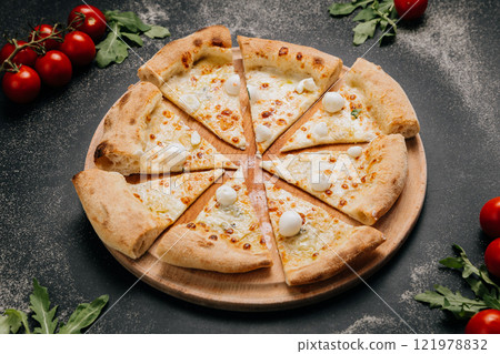 Sliced mozzarella pizza with golden crust, ideal for gourmet food lovers and culinary photography Sliced mozzarella pizza with golden crust, ideal for gourmet food lovers and culinary photography 121978832