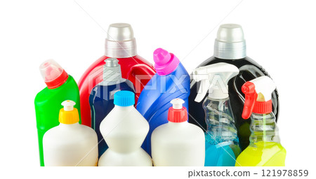 Cleaning and disinfectants isolated on white background. Cleaning and disinfectants isolated on white background. 121978859