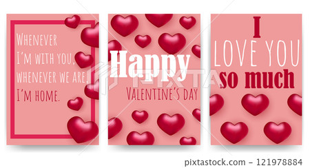 Posters with romantic phrases. I love you so much. Happy Valentine's day. Vector design templates for wedding, birthday, anniversary, valentine's day. 121978884