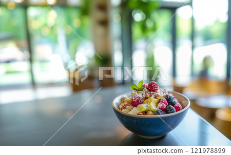 Delicious bowl with fresh fruits and granola enjoying natural light in a modern cafe 121978899