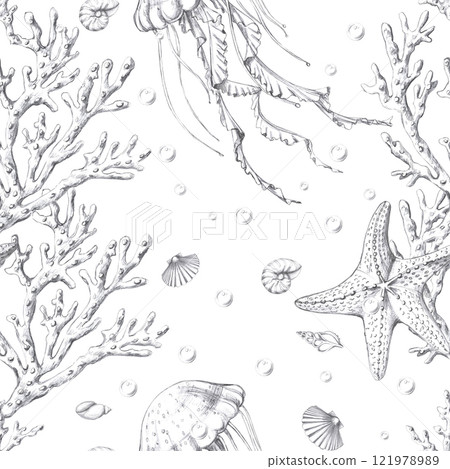Seamless pattern with starfish, corals, jellyfish in pencil. Illustration on the underwater theme for the design of cafes and restaurants in a marine style, as well as packaging, printing on fabric. 121978989