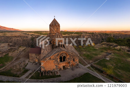 Aerial view of Hovhannavank monastery and Ohanavan village. Mount Ara, medieval church and Kasakh gorge and river canyon on sunny autumn sunset. Aragatsotn Province, Armenia. Europe. Aerial view of Hovhannavank monastery and Ohanavan village. Mount Ara, medieval church and Kasakh gorge and river canyon on sunny autumn sunset. Aragatsotn Province, Armenia. Europe. 121979003