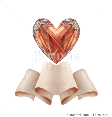 Crystal brown heart with empty beige paper ribbon banner in mocha mousse palette. Watercolor template. Wedding clipart, Valentine's Day, card, poster, Mother's Day, web design, sticker, scrapbook 121979042