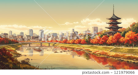 [Animation Background] Autumn River with Fall Foliage 121979066