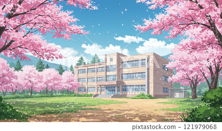 [Anime Background] Cherry Blossoms Blooming School 121979068