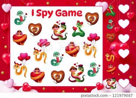 I spy game worksheet, valentines day funny snakes with hearts, balloons and flowers. Vector riddle for kids with playful reptiles in love. Festive activity for families during valentine celebrations I spy game worksheet, valentines day funny snakes with hearts, balloons and flowers. Vector riddle for kids with playful reptiles in love. Festive activity for families during valentine celebrations 121979087