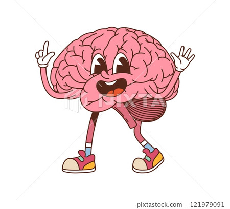 Cartoon groovy human brain character. Vector happy anatomy medicine and human body retro personage with cheerful expression, embodies creativity, intelligence, and positive energy, intellect and idea Cartoon groovy human brain character. Vector happy anatomy medicine and human body retro personage with cheerful expression, embodies creativity, intelligence, and positive energy, intellect and idea 121979091