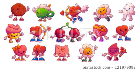 Cartoon groovy valentine day characters. Vector set of playful personages inspired by love, including hearts, flowers, cupcake, cookie and cherries, flowers and envelopes expressing romantic emotions Cartoon groovy valentine day characters. Vector set of playful personages inspired by love, including hearts, flowers, cupcake, cookie and cherries, flowers and envelopes expressing romantic emotions 121979092