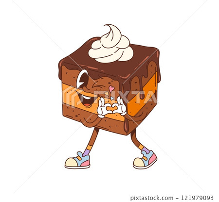 Retro hippie groovy cake dessert character. Pastry shop chocolate cake with whipped cream cartoon isolated vector funny personage, sweet dessert character winking and shoving heart love hand symbol 121979093