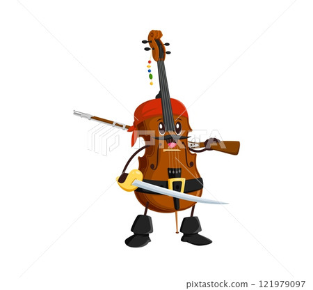 Cartoon cello musical instrument pirate and corsair character with bandana, riffle gun and sword. Isolated vector playful mustached violoncello sailor personage combines music and maritime adventure Cartoon cello musical instrument pirate and corsair character with bandana, riffle gun and sword. Isolated vector playful mustached violoncello sailor personage combines music and maritime adventure 121979097