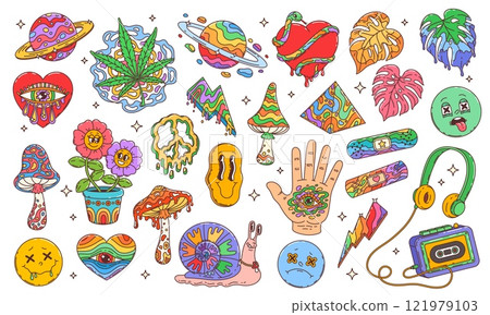 Groovy hippie symbols of cartoon psychedelic rainbow mushroom, flowers and peace sign. Vector retro groovy smile emojis, funky heart and hand with eye, space planets, lightnings and cassette player 121979103