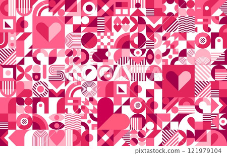 Valentines day background with pink geometric shapes and hearts vector pattern. Love holiday abstract modern graphic mosaic of red white flowers, circles, squares. Valentine day love hearts background 121979104