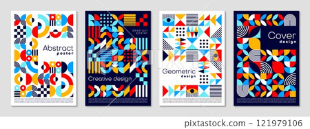 Geometric posters set with abstract pattern of modern shapes, vector templates. Modern trendy or retro futuristic poster backgrounds with geometric mosaic pattern of abstract shapes for cover layouts Geometric posters set with abstract pattern of modern shapes, vector templates. Modern trendy or retro futuristic poster backgrounds with geometric mosaic pattern of abstract shapes for cover layouts 121979106