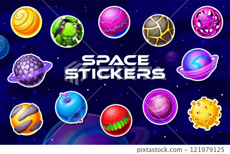 Alien space planets stickers pack. Cartoon fantasy extraterrestrial galaxy spheres. Vector patches with colorful fantastic gui asteroids. Cosmic world objects with cracks, craters and glowing surfaces Alien space planets stickers pack. Cartoon fantasy extraterrestrial galaxy spheres. Vector patches with colorful fantastic gui asteroids. Cosmic world objects with cracks, craters and glowing surfaces 121979125