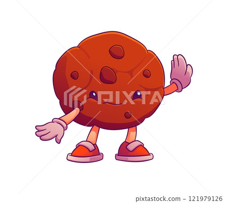 Cartoon groovy chocolate chip cookie valentine day character. Funny vector dessert, crumbly bakery personage in trendy hippie sneakers cheerfully posing. Vintage bake house product with smiling face 121979126