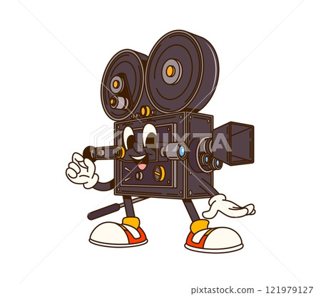 Cinema movie cartoon groovy retro camera character. Cinema production happy 60s 70s funky isolated vector personage. Movie studio vintage equipment cheerful mascot or filmmaking art funny character 121979127