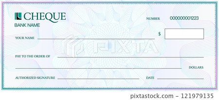 Cheque template with watermark for bank check or checkbook voucher, vector background. Money payment cheque template or paycheck with guilloche watermark for payment coupon or bank voucher bill 121979135