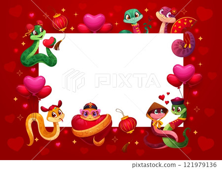 Valentine day banner with love hearts and snake characters, vector background. Valentine Day blank banner with frame of funny snakes with heart balloons for love holiday greeting or wedding invitation Valentine day banner with love hearts and snake characters, vector background. Valentine Day blank banner with frame of funny snakes with heart balloons for love holiday greeting or wedding invitation 121979136