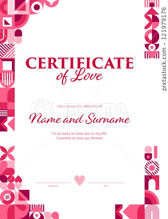 Valentines Day love certificate with pink geometric shapes pattern frame border. Romantic love holiday couple gift certificate vector template with Valentine Day heart mosaic, wedding anniversary gift 121979176
