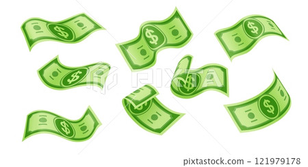 Flying cartoon dollar banknotes or money cash bills of paper currency, vector icons. Floating green banknotes with dollar sign for casino jackpot win bonus, money rich wealth and financial success 121979178