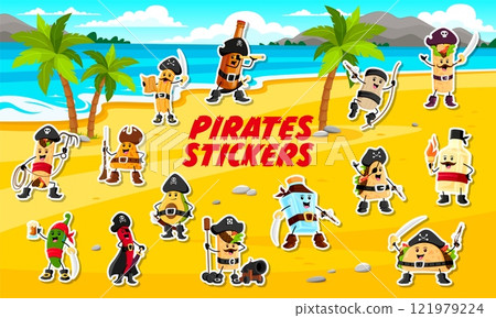 Cartoon Mexican cuisine food pirate and corsair characters stickers pack. Vector adventurous tex mex rover personages on a sunny beach with swords, hooks, hats, eyepatches, cannons and treasure trunks Cartoon Mexican cuisine food pirate and corsair characters stickers pack. Vector adventurous tex mex rover personages on a sunny beach with swords, hooks, hats, eyepatches, cannons and treasure trunks 121979224