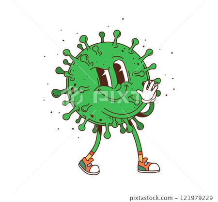 Cartoon groovy virus medicine and health character with cheerful face and hippie sneakers. Vector playful green bacteria, germ or coronavirus cell, retro personage with happy expression and funky vibe 121979229