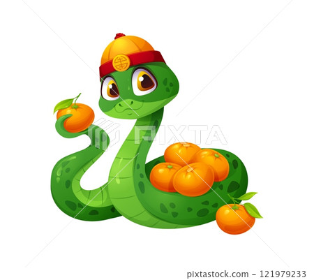 Asian horoscope cartoon snake character with Chinese New Year holiday mandarin oranges. Lunar calendar snake animal vector personage with asian holiday fruit gifts and oriental traditional hat 121979233