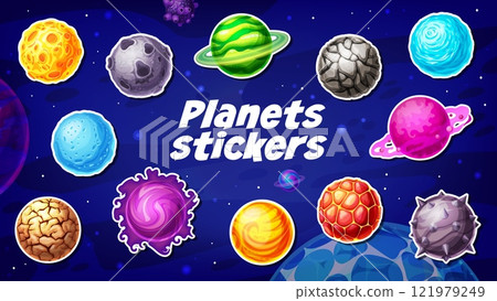 Alien space fantasy planets stickers pack. Fantastic galaxy green, pink and blue planets, alien words with cracked, stone and icy surface, craters, stone spikes isolated vector stickers or patches set 121979249