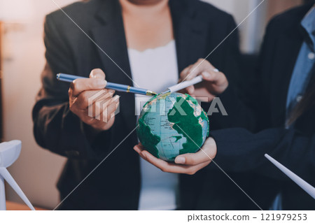 Carbon offset price report CO2 emission. Future growth Net zero waste in ESG ethical SME office protect climate change global warming social issues project. Group of asia people Eco friendly SDGs plan 121979253