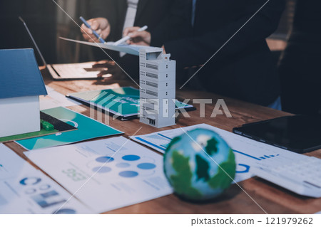 Carbon offset price report CO2 emission. Future growth Net zero waste in ESG ethical SME office protect climate change global warming social issues project. Group of asia people Eco friendly SDGs plan 121979262